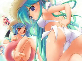 Blue hair women beachball bikini - a cartoon picture free wallpaper