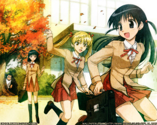 Schoolgirls autumn leaves tree uniforms - a group of girls free wallpaper