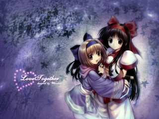 Anime sisters hug purple background - frame free wallpaper