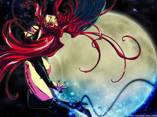 Red haired woman flying full - a full moon behind her free wallpaper