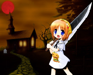 Gothic alice knife night pumpkin - a house in the background free wallpaper