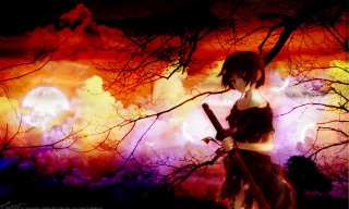 Woman baseballbat autumn night forest - a red sky in the background free wallpaper