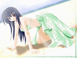 Woman green dress beach crossed - her knee free wallpaper for desktop