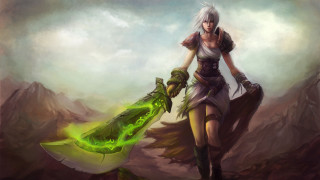 Woman green flame holding object - her hand and a mountain in the background free wallpaper
