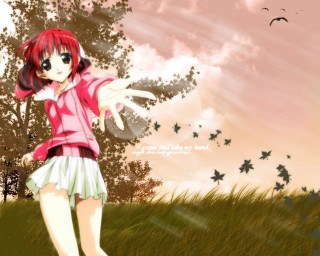Girl field tree birds pink - above her free wallpaper for desktop
