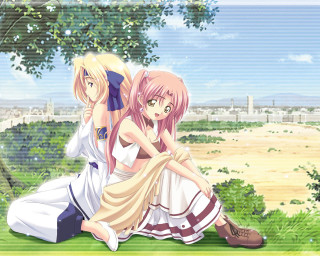 Anime girls sitting under tree 2 - grass and trees free wallpaper