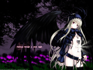 Anime girl white hair black 8 - black wing free wallpaper for desktop