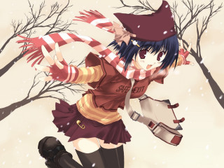 Girl redhat scarf snow anime - a red hat and scarf free wallpaper