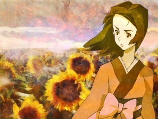 Woman sunflowers autumn fire kimono - a brown dress free wallpaper