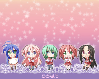 Five anime girls stars pink - a mosaic free wallpaper for desktop
