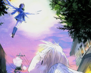 Flying girl tree building night - a sky background and a person free wallpaper