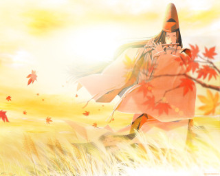 Woman red dress autumn leaves 2 - a field of grass free wallpaper for desktop