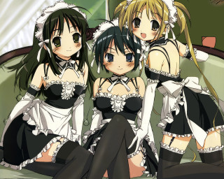 Three anime maid girls bed - maid outfit free wallpaper