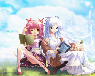 Anime girls reading outdoors green - a storybook illustration free wallpaper