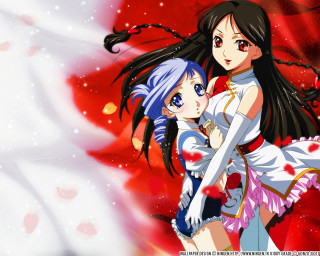 Anime hugging girls starry background - a white background behind them free wallpaper