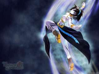 Woman flying sword blue background - dynamic pose free wallpaper