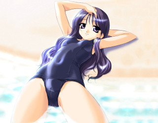 Woman beach anime swimsuit figurative - her leg behind her head free wallpaper