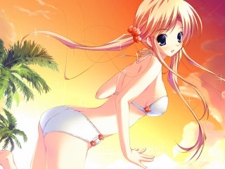 Cartoon girl bikini clouds palm - free bikini wallpaper