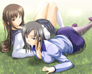 Anime girls laying on grass - their leg free wallpaper