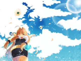 Anime girl gun sunflowers clouds - blue sky free wallpaper for desktop