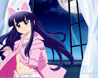 Anime girl pink coat full - a full moon in the background free wallpaper