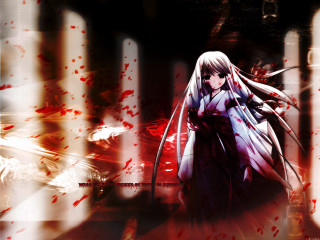 Long white hair sword blood - blood splatter free wallpaper