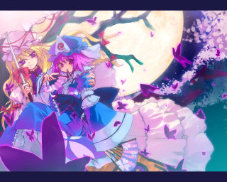 Anime girls fullmoon butterflies cherryblossoms - a couple of anime girls free wallpaper