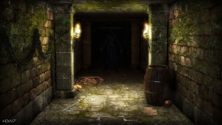 Creepy hallway barrel light figure - dark fantasy art free wallpaper for desktop