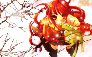 Redhair girl greenshirt knife cherryblossoms - a green shirt free wallpaper for desktop