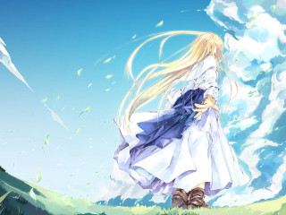 White dress woman hill clouds 2 - a long white hair free wallpaper