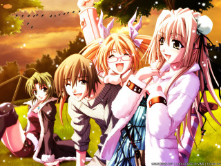 Anime girls autumn sunset field - a sunset in the background free wallpaper