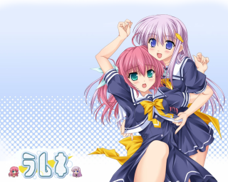 Anime girls hug smile pink - a blue background free wallpaper for desktop