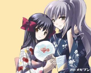 Two girls fishbowl fan yellow - each other holding free wallpaper