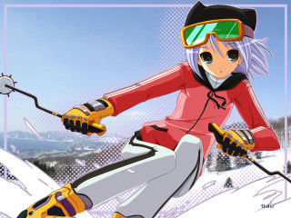 Woman red jacket skiing anime - ski free wallpaper
