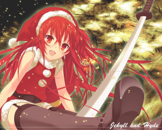 Girl red hair santa sword - a christmas tree in the background free wallpaper
