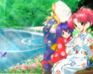 Anime girls pond butterfly kimono 4 - over the water free wallpaper