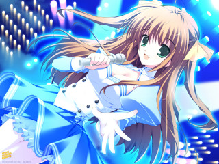 Anime girl sword blue dress - long hair holding free wallpaper