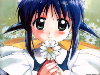 Blue haired girl flower smiling - the camera free wallpaper for desktop