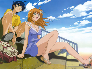 Couple sitting beach sky clouds - a ledge free wallpaper