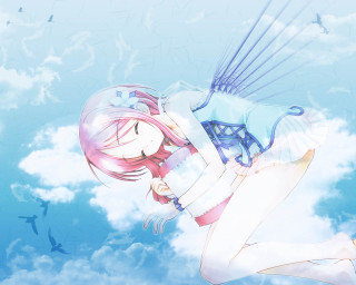 Pink hair girl flying kite - above her head free wallpaper