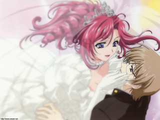 Anime couple wedding dress veil - a white background behind them free wallpaper