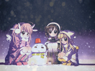 Anime girls snowman night star - rayonism free wallpaper