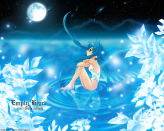 Moonlit water girl aurora fireflies - a full moon in the background free wallpaper for desktop