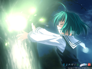 Green haired girl pointing moonlight - light effect free wallpaper