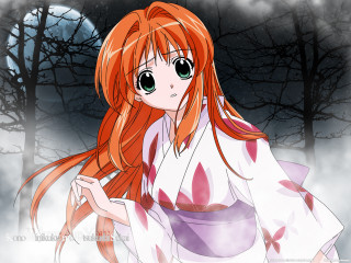 Girl redhair greeneyes whitekimono fullmoon - a full moon and trees free wallpaper