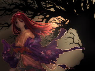 Red haired woman kimono forest - a purple dress free wallpaper for desktop