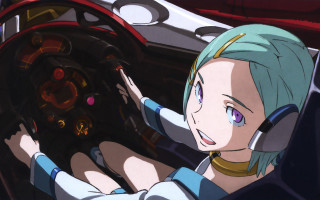 Blue hair woman driving car - official art free wallpaper for desktop