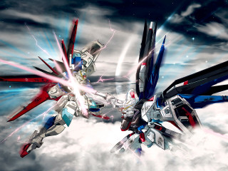 Robots fighting clouds lightnings mecha - official art free wallpaper for desktop