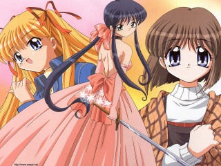 Three anime girls swords long - their hand free wallpaper