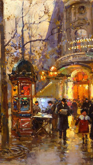 Victorian trolley autumn cityscape lanterns - an impressionist painting free wallpaper